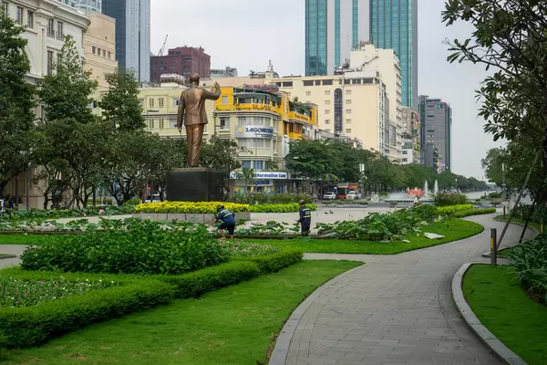 Nguyen Hue Walking Street with Ho Chi Minh Statue and Garden in Saigon, Vietnam