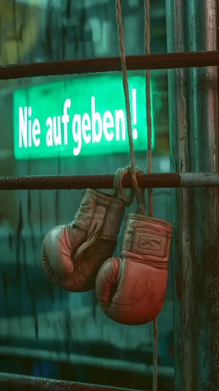 Nicht aufgeben! Boxhandschuhe vor neongrünem Hintergrund