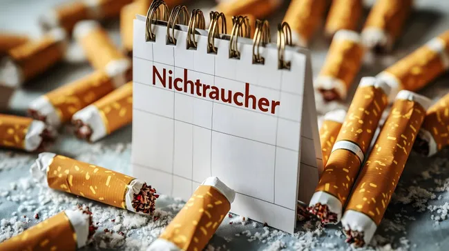 Nichtraucher-Kalender und Zigarettenkippen