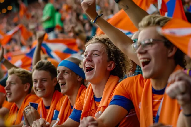 Niederländische Fans feiern enthusiastisch bei Fußballspiel