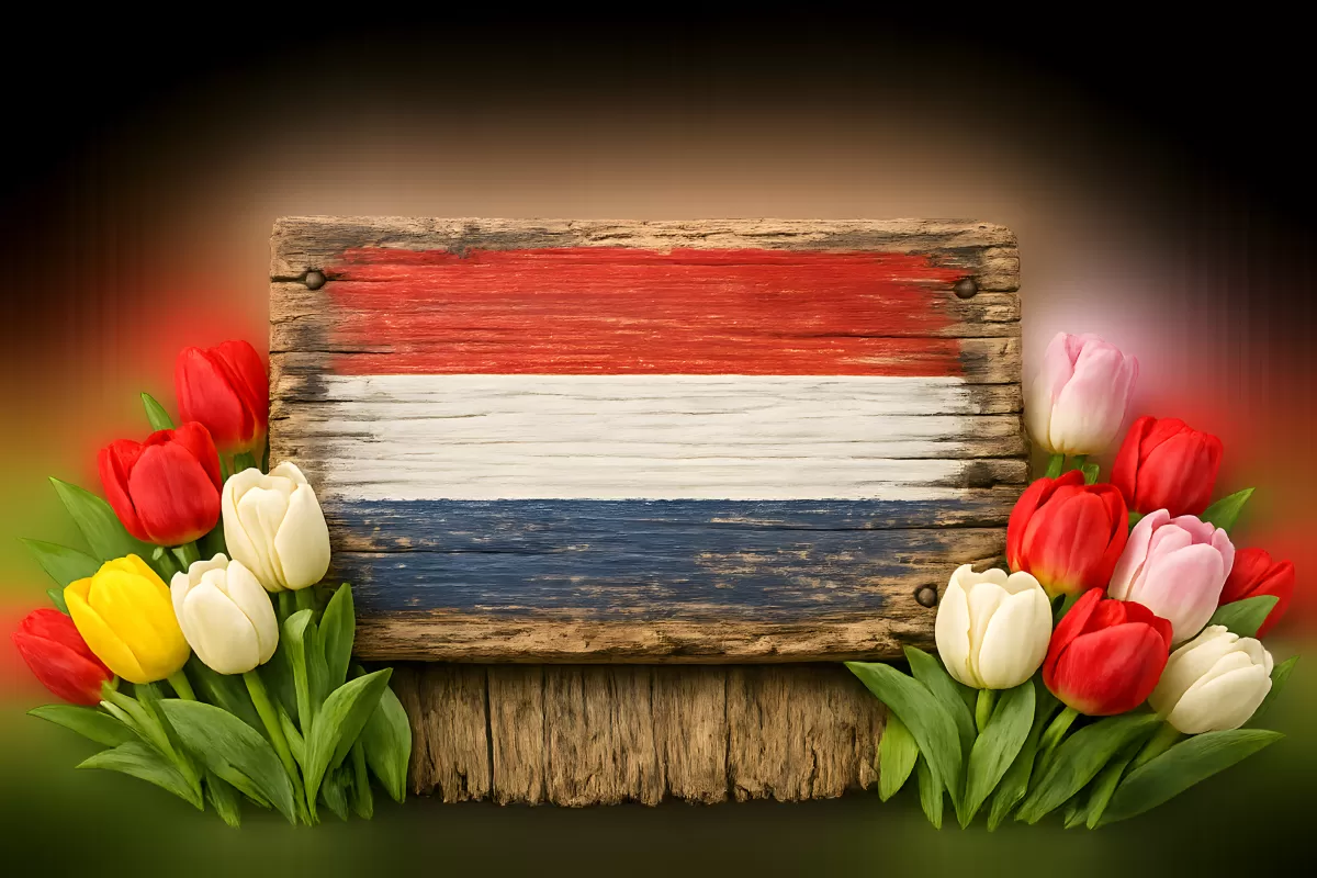 Niederländische Flagge auf Holzschild mit Tulpen
