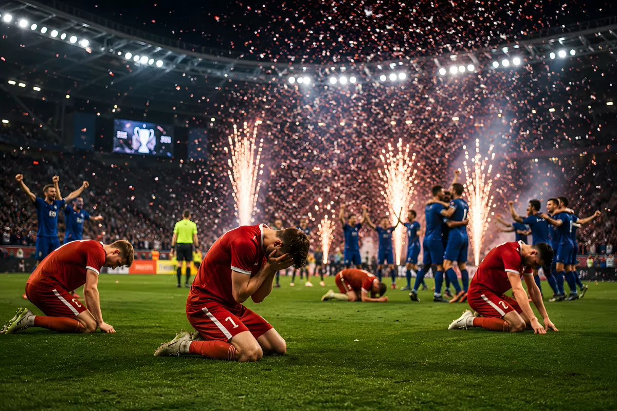 Niederlage im Fußballfinale – Spieler knien im Stadion