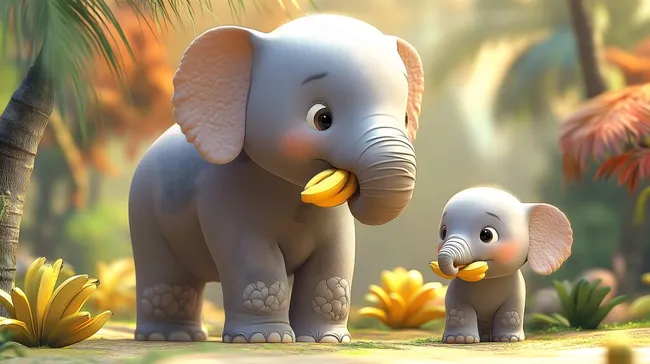 Niedliche Baby-Elefanten essen Bananen im tropischen Dschungel