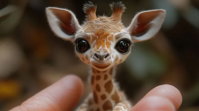 Niedliche Baby-Giraffe mit großen Augen auf Finger