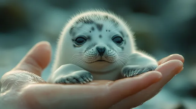 Niedliche Babyrobbe auf menschlicher Hand