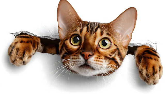 Niedliche Bengalkatze bricht durch weiße Wand