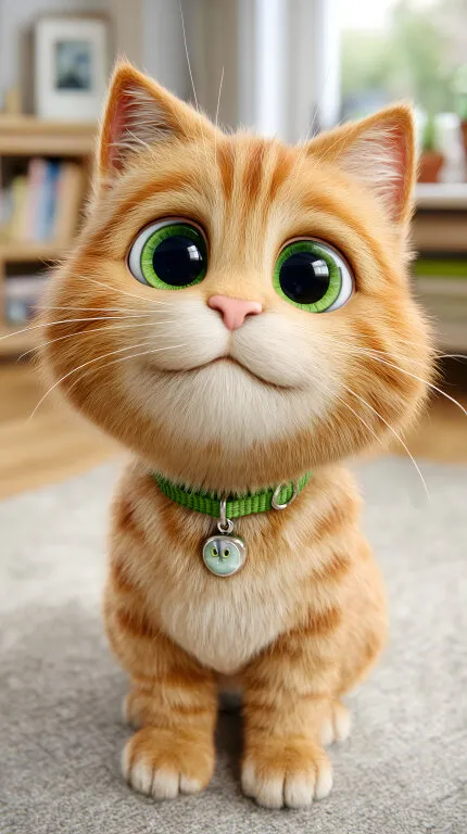 Niedliche Cartoon-Katze mit grünem Halsband im Wohnzimmer