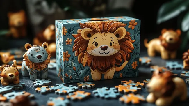 Niedliche Cartoon-Löwenfigur auf bemalter Holzkiste mit Puzzleteilen