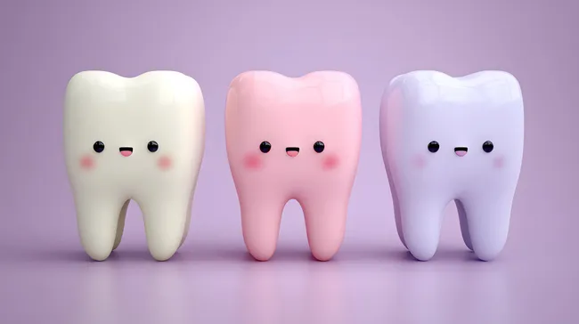 Niedliche Cartoon-Zähne mit Gesichtern auf lila Hintergrund