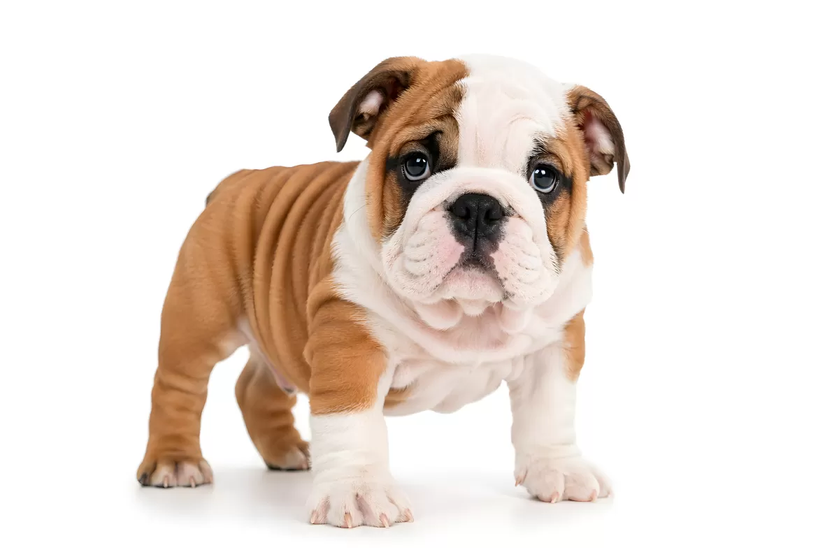 Niedliche Englische Bulldogge Welpe auf weißem Hintergrund