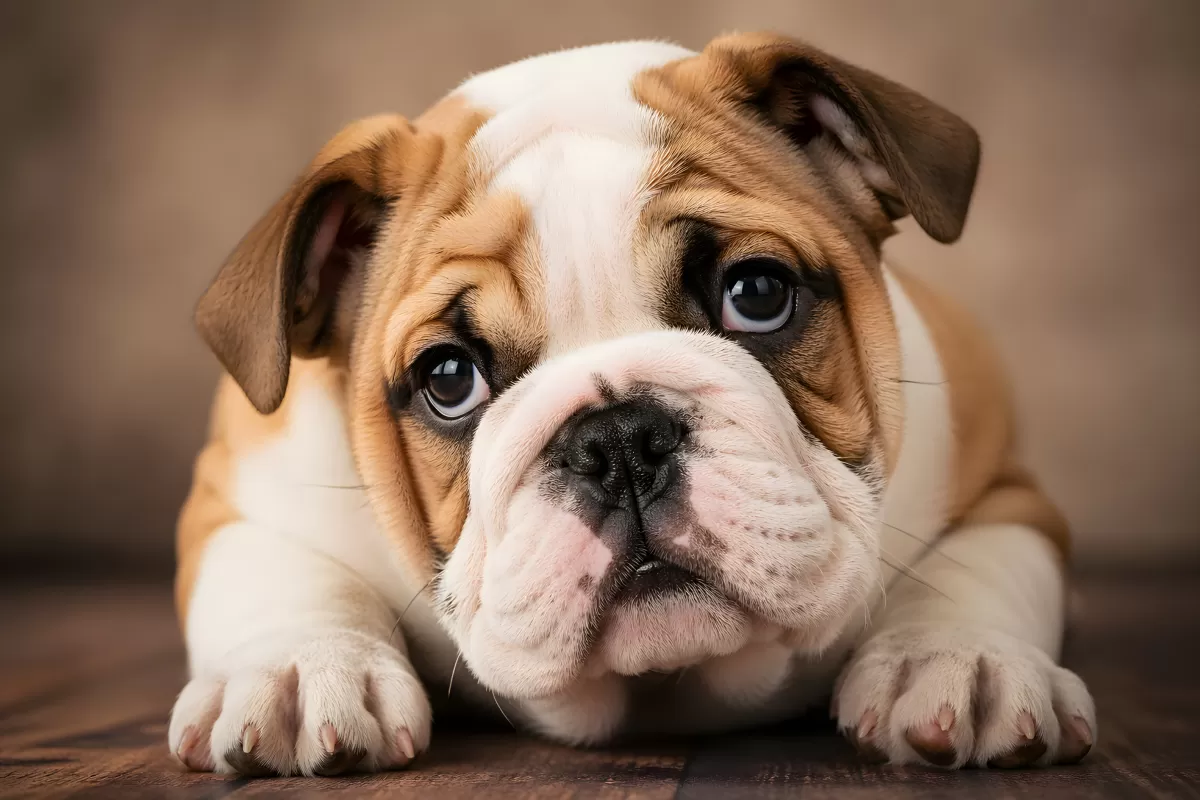 Niedliche Englische Bulldogge Welpe liegt auf Holzboden