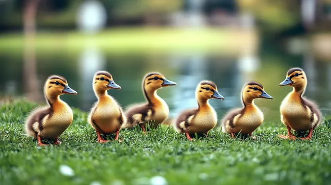 Niedliche Entenküken auf grüner Wiese