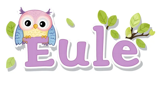 Niedliche Eule mit Blätterrahmen auf lila Schriftzug