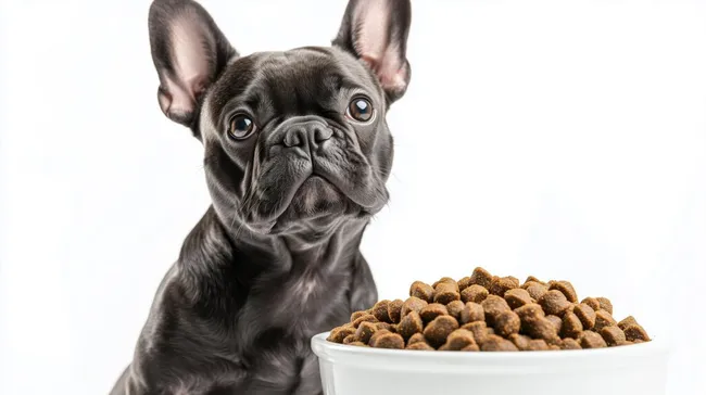 Niedliche französische Bulldogge mit Futterschale