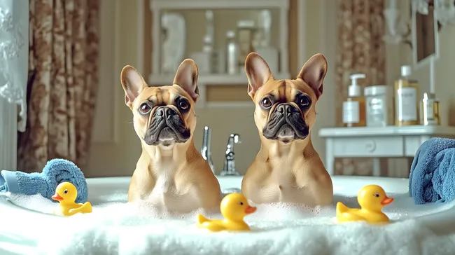 Niedliche Französische Bulldoggen in entspannender Badewanne