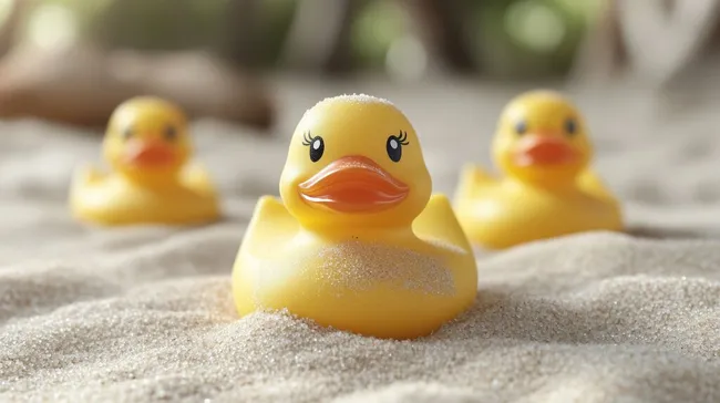 Niedliche Gummienten am Strand im Sonnenschein