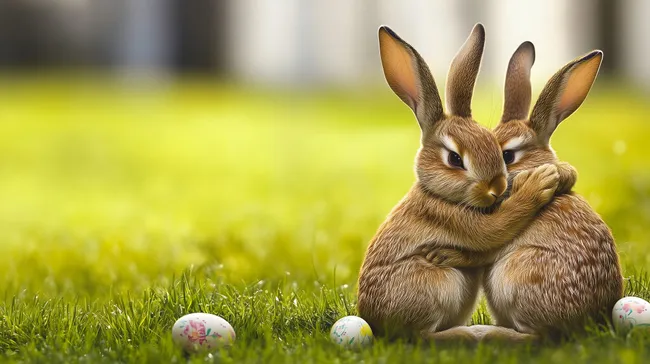 Niedliche Hasen umarmen sich im Gras mit bunten Ostereiern