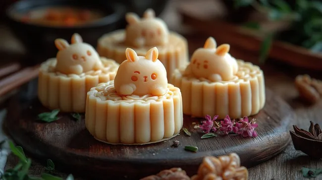 Niedliche Hasenfiguren auf traditionellen chinesischen Mondkuchen