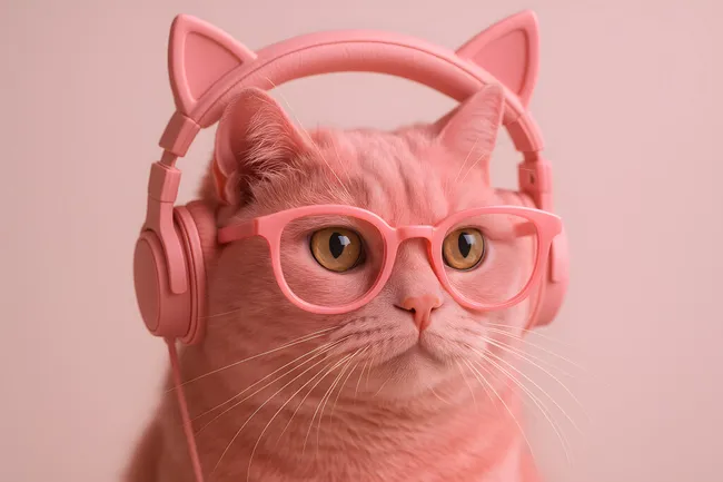 Niedliche Hauskatze mit Kopfhörern und Brille