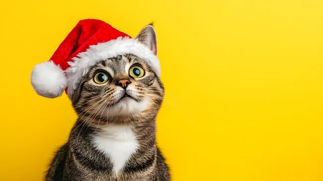 Niedliche Hauskatze mit Weihnachtsmütze auf gelbem Hintergrund