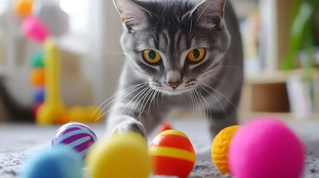 Niedliche Hauskatze spielt mit buntem Spielzeug