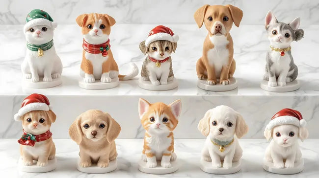 Niedliche Haustier-Weihnachtsfiguren auf weißem Hintergrund
