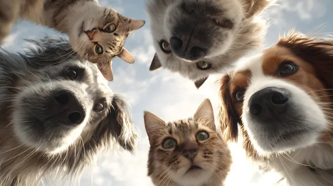 Niedliche Haustiergruppe lächelt freundlich in die Kamera