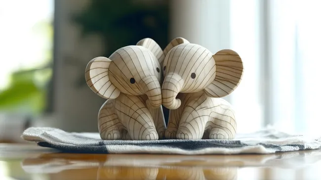 Niedliche hölzerne Elefantenfiguren auf grauem Hintergrund