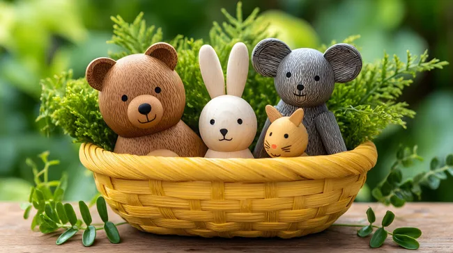 Niedliche Holztierfiguren in buntem Korb