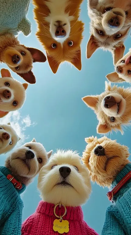 Niedliche Hunde-Gruppe aus Froschperspektive