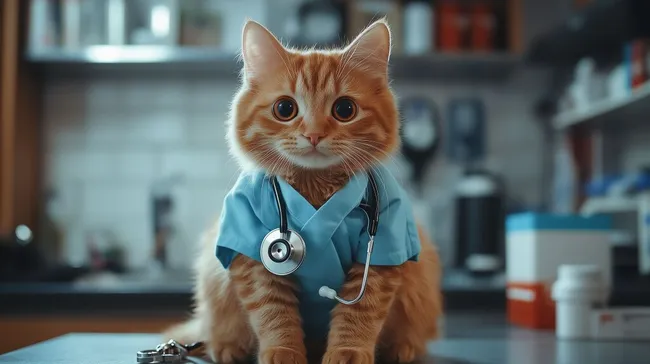 Niedliche Katze als tierärztlicher Helfer in Tierarztpraxis