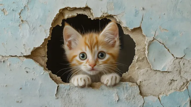 Niedliche Katze lugt neugierig durch Loch in Wand