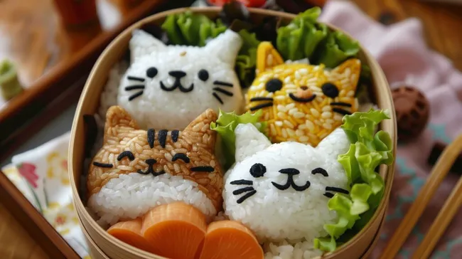 Niedliche Katzen-Bento-Box mit Reis und Gemüse