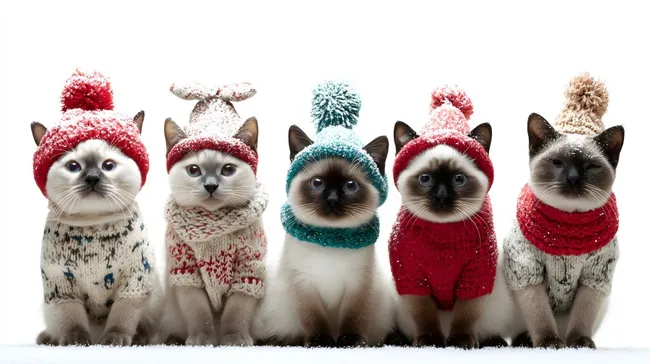 Niedliche Katzen in winterlichen Strickpullovern