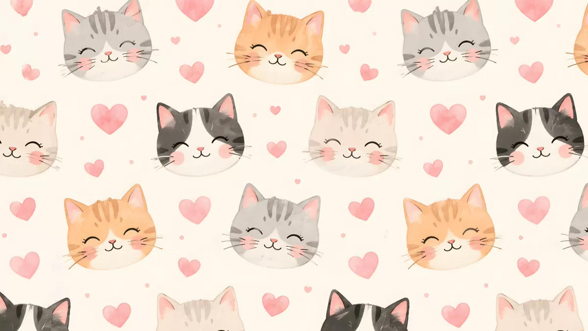 Niedliche Katzengesichter mit Herzen als Musterdesign