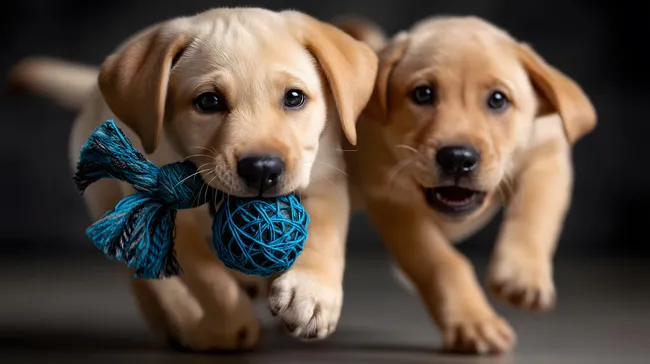 Niedliche Labrador-Welpen spielen mit Seilspielzeug