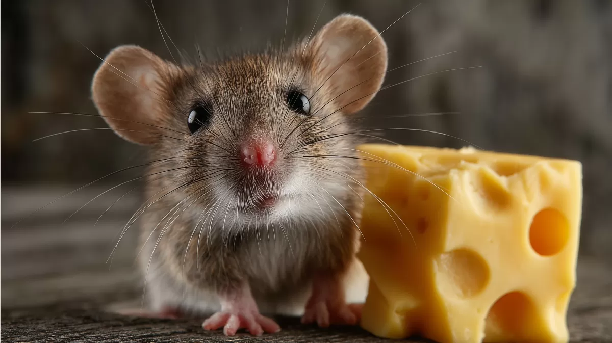 Niedliche Maus mit Käsestück auf Holzoberfläche