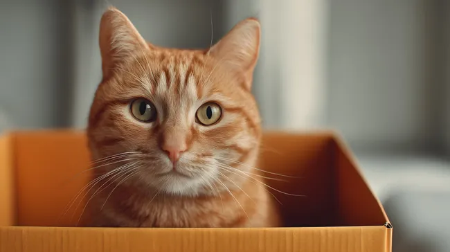 Niedliche orange Katze in Pappkarton