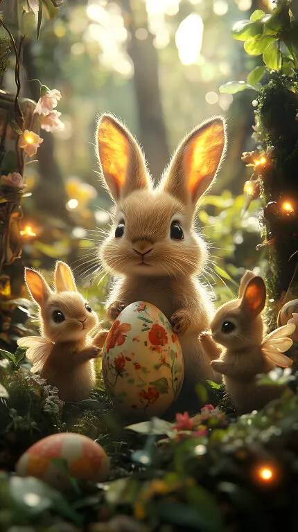 Niedliche Osterhasen in verzauberter Waldszene