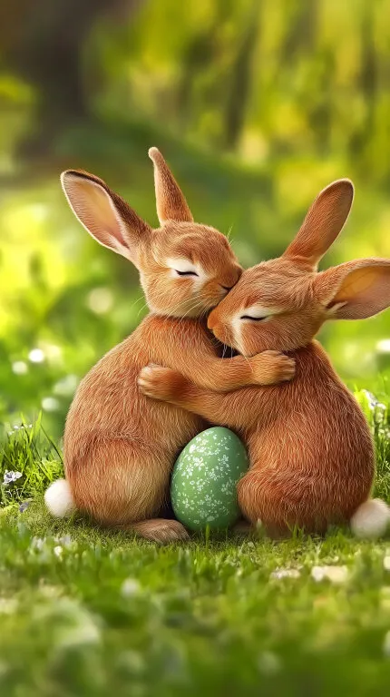 Niedliche Osterhasen kuscheln auf grüner Wiese