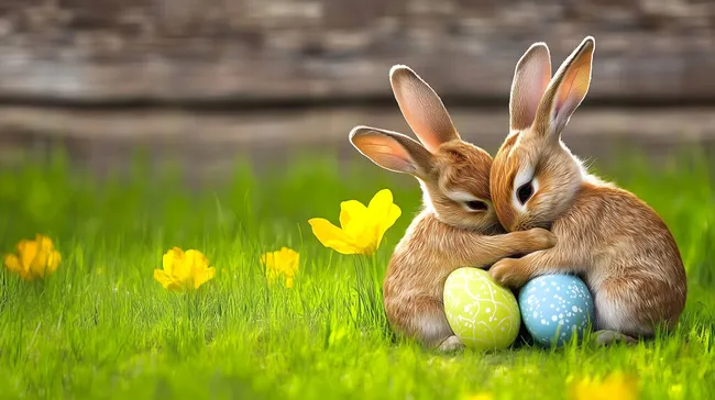 Niedliche Osterhasen kuscheln mit bunten Eiern auf Frühlingswiese