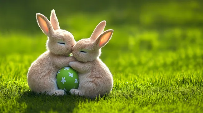 Niedliche Osterhasen kuscheln mit grünem Ei auf grüner Wiese