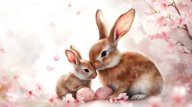 Niedliche Osterhasen mit Eiern und Blüten