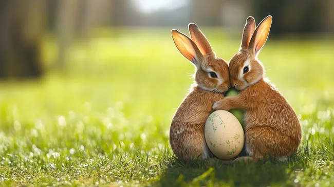 Niedliche Osterhasen umarmen Osterei in grüner Wiese