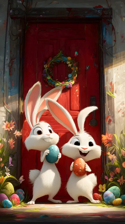 Niedliche Osterhasen vor roter Holztür mit Kranz