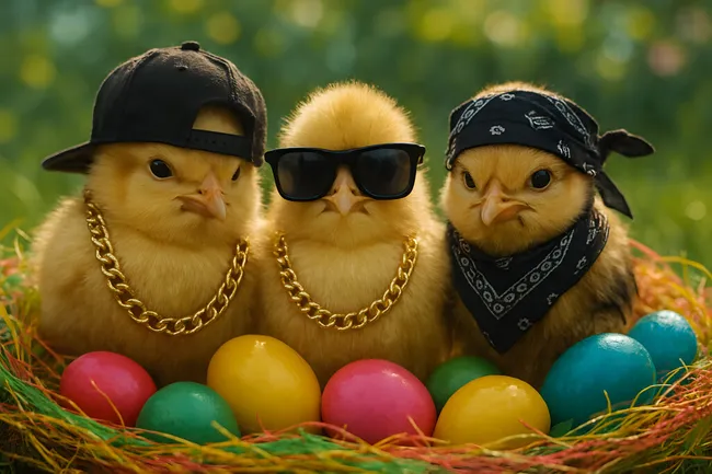 Niedliche Osterkücken mit Sonnenbrillen und Goldketten