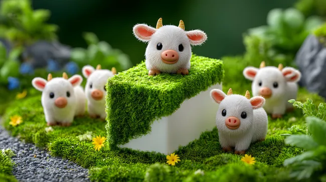 Niedliche Plüsch-Kühe in fantasievoller Naturkulisse