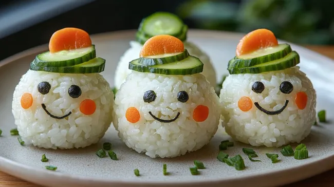 Niedliche Reisbällchen mit lustigen Gesichtern