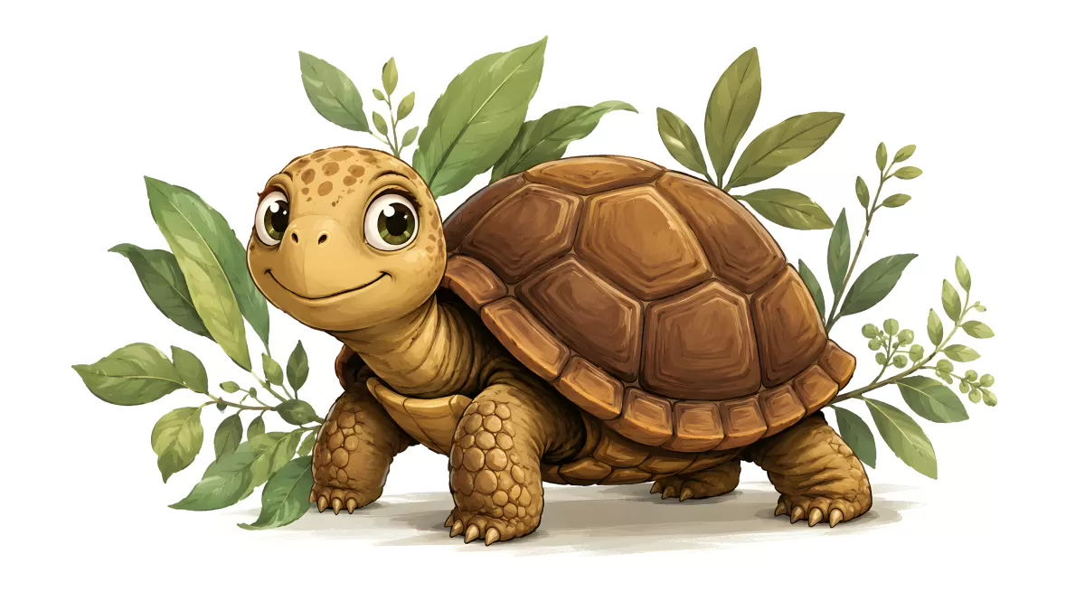 Niedliche Schildkröte als Cartoon mit grünen Blättern