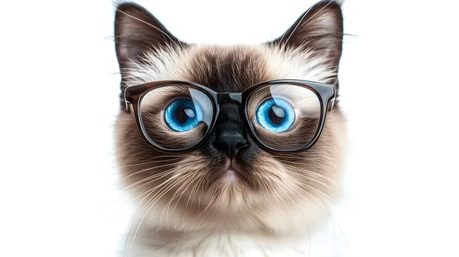 Niedliche Siamkatze mit schwarzer Brille und blauen Augen